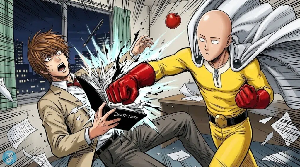A high-energy action shot of Saitama delivering a powerful punch that shatters the Death Note notebook into pieces, while a terrified Light Yagami recoils in shock in the background.