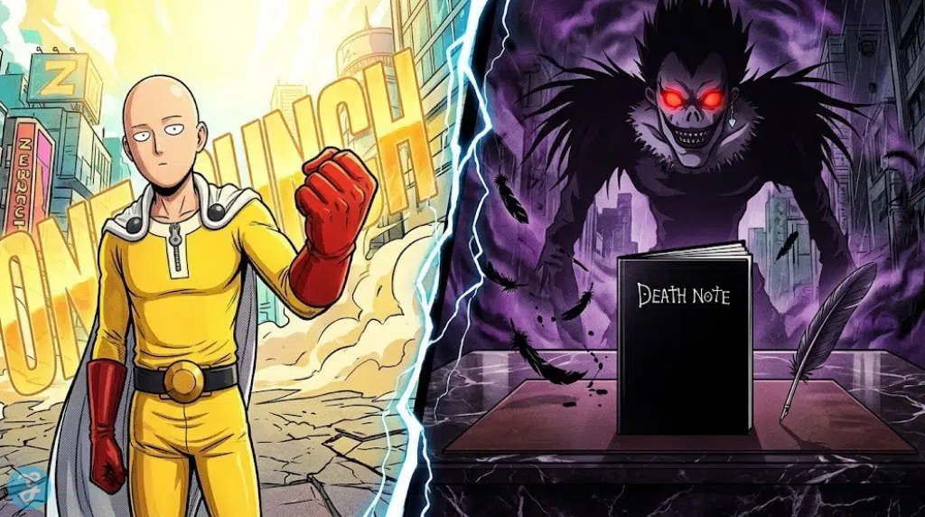 A split-screen illustration: on the left, Saitama from One Punch Man stands in a sunlit Z-City; on the right, the Shinigami Ryuk looms over the Death Note in a dark, purple-hued room.