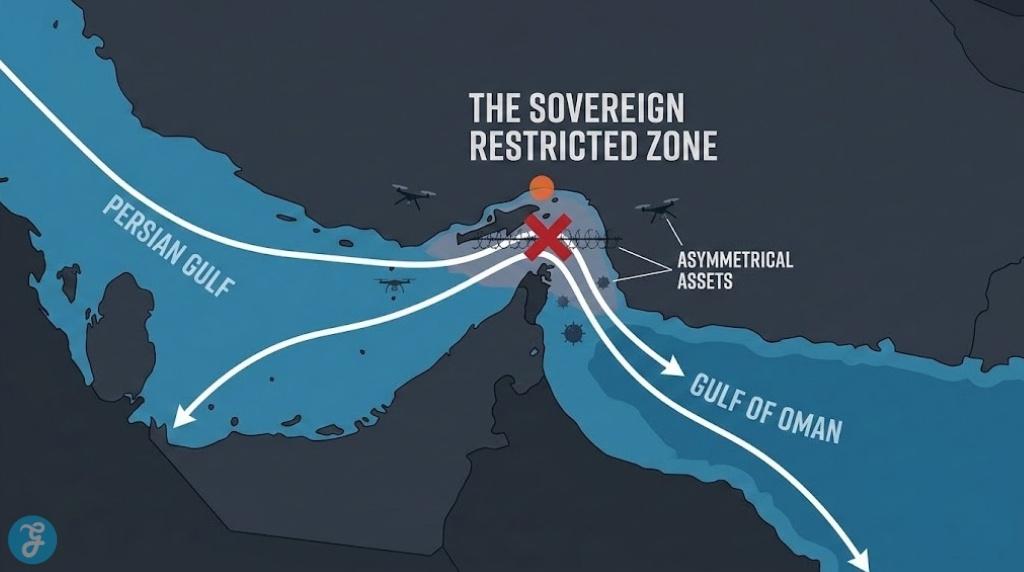A strategic map of the Strait of Hormuz showing the 21-mile chokepoint designated as a Sovereign Restricted Zone with icons for asymmetrical drone and missile threats.