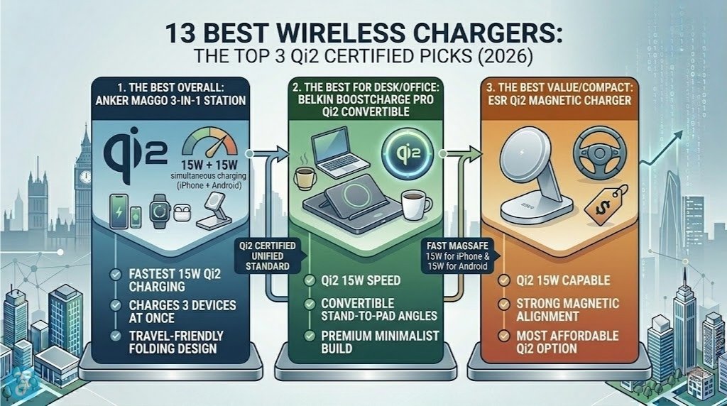 A detailed comparison infographic visual resting on a metallic base, contrasting the features, charging speeds, and form factors of the Anker MagGo 3-in-1, Belkin BoostCharge Pro Convertible, and ESR Magnetic Puck, which are the top Qi2 certified wireless chargers in 2026