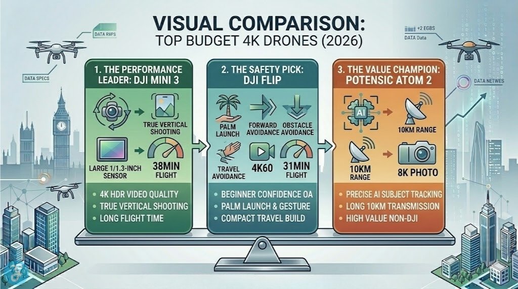 A stunning landscape comparison infographic, resting on a metallic scale, contrasting the features, gimble types, flight times, and safety systems of the DJI Mini 3, DJI Flip, and Potensic Atom 2, the best 4K drones under $500 in 2026.