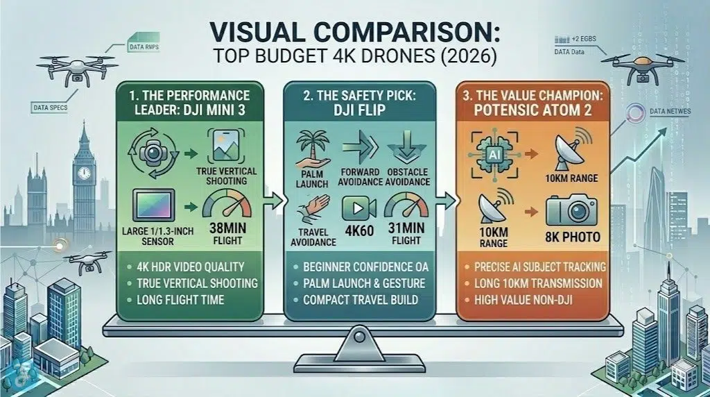 A stunning landscape comparison infographic, resting on a metallic scale, contrasting the features, gimble types, flight times, and safety systems of the DJI Mini 3, DJI Flip, and Potensic Atom 2, the best 4K drones under $500 in 2026.