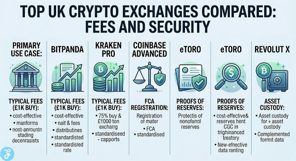Comparison chart of top UK crypto exchanges by trading fees, FCA registration status, and security protocols.
