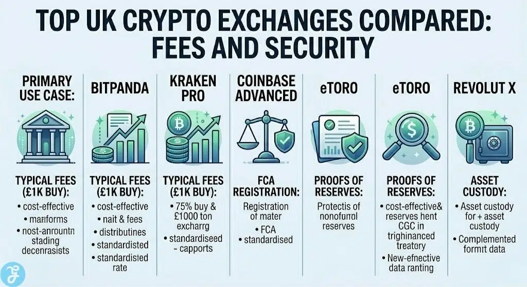 Comparison chart of top UK crypto exchanges by trading fees, FCA registration status, and security protocols.