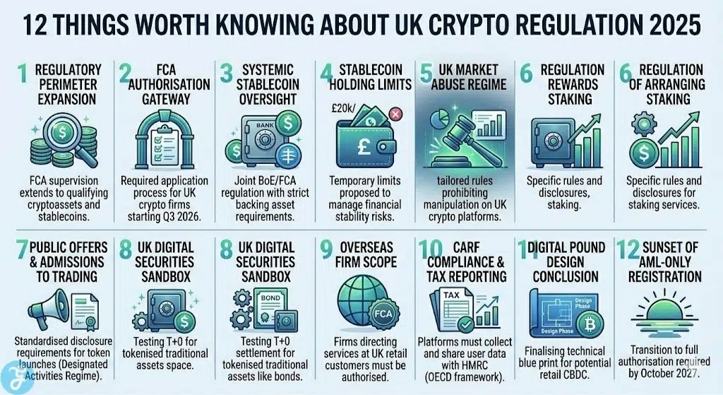 Summary of 12 critical updates for UK crypto regulation in 2025 featuring the FCA gateway and stablecoin oversight rules.