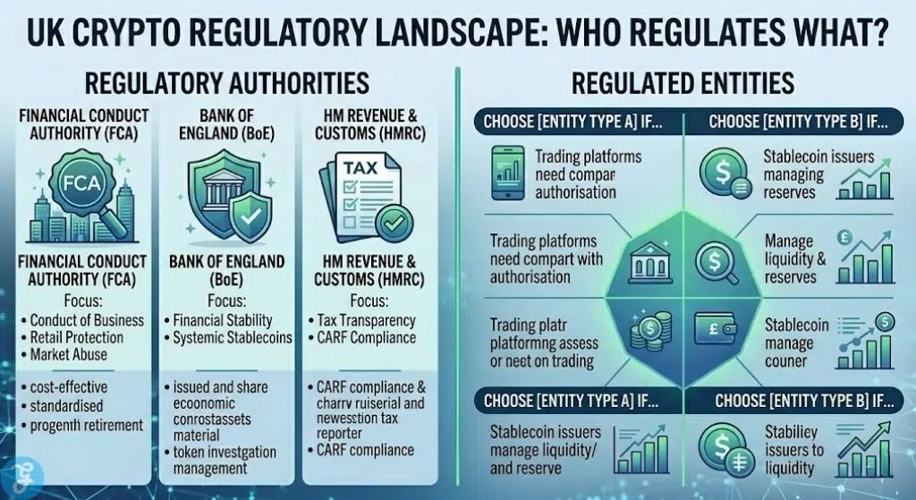 Visual breakdown of UK crypto regulatory authorities including the roles of the FCA, Bank of England, and HMRC.