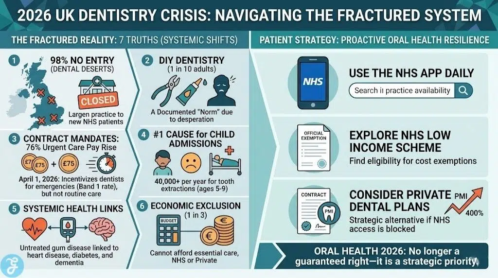 Infographic of 2026 UK dental crisis: 98% dental deserts, DIY dentistry rise, and child admissions.