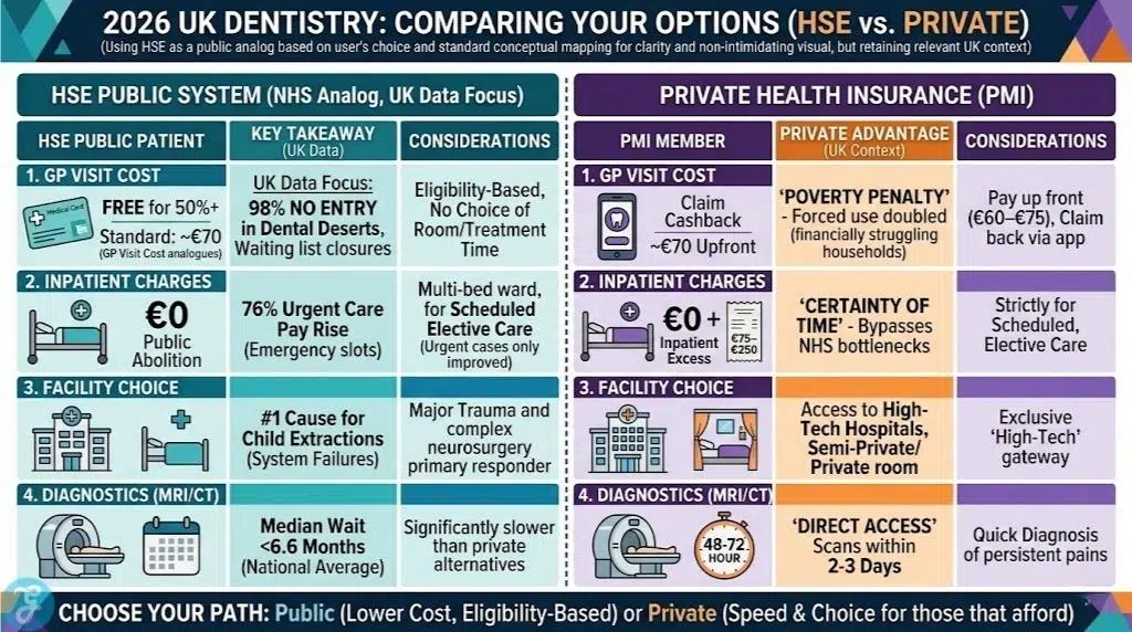 Comparison of 2026 UK public vs private dental costs, wait times, and facility access.