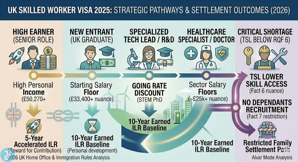 Infographic outlining the UK Skilled Worker Visa 2025 strategic paths conceptually with an approachable visual, comparing different archetypes (High Earner, Student, PhD, TSL Below RQF 6) and synthesizing unique ILR settlement outcomes.