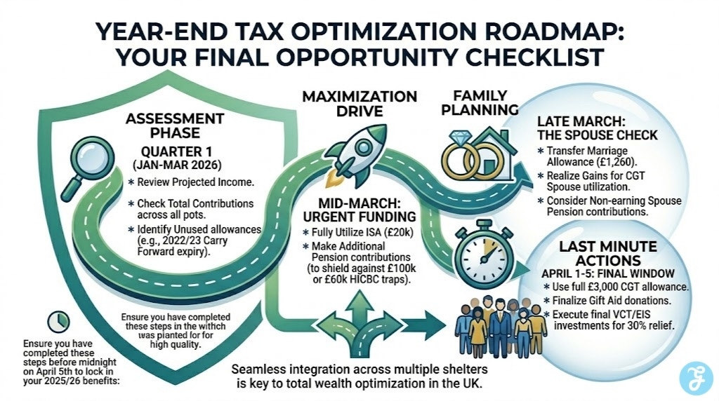 A stunning and detailed roadmap timeline visualizing the sequential steps and key deadlines for essential end-of-year tax planning and optimization in the 2025/26 UK financial year.