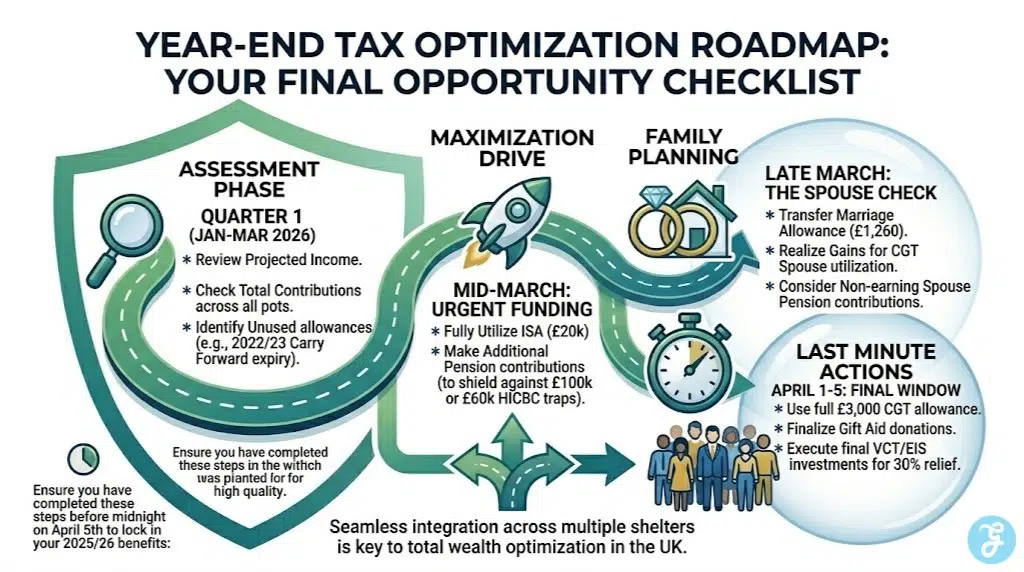 A stunning and detailed roadmap timeline visualizing the sequential steps and key deadlines for essential end-of-year tax planning and optimization in the 2025/26 UK financial year.