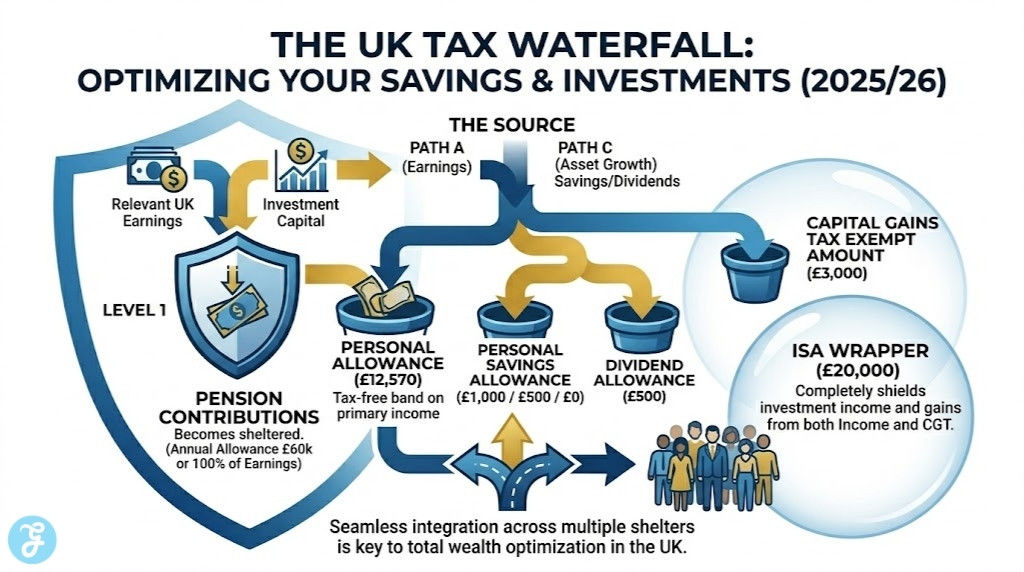 A professional visualization showing how different UK tax-free allowances flow together for effective savings and investment optimization in the 2025/26 tax year, including Pension, Personal Savings Allowance, and ISA interactions.