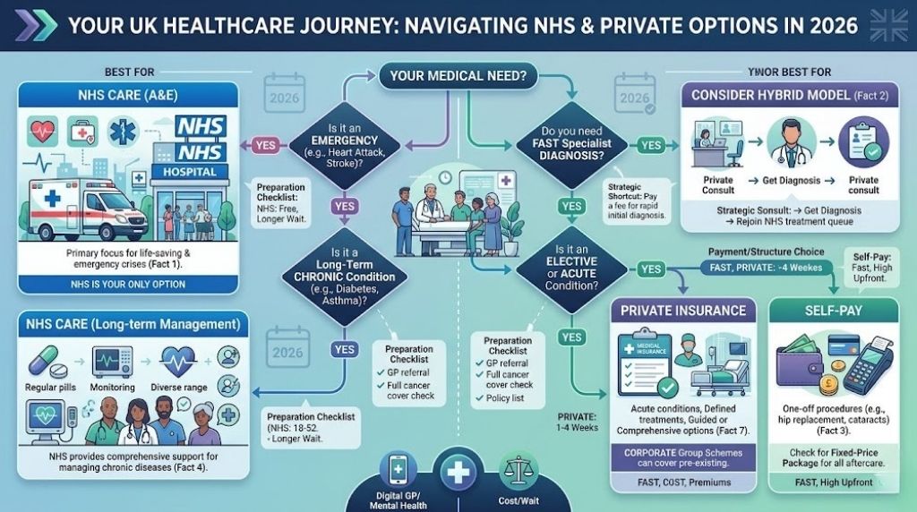Flowchart comparing UK NHS and private healthcare choices for various conditions like emergency and elective care in 2026
