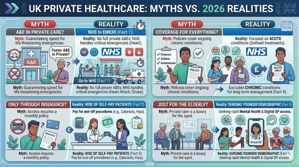 Infographic contrasting common myths about private healthcare in the UK with the actual situation in 2026. Highlights differences regarding emergency care, chronic conditions, payment, and digital adoption.