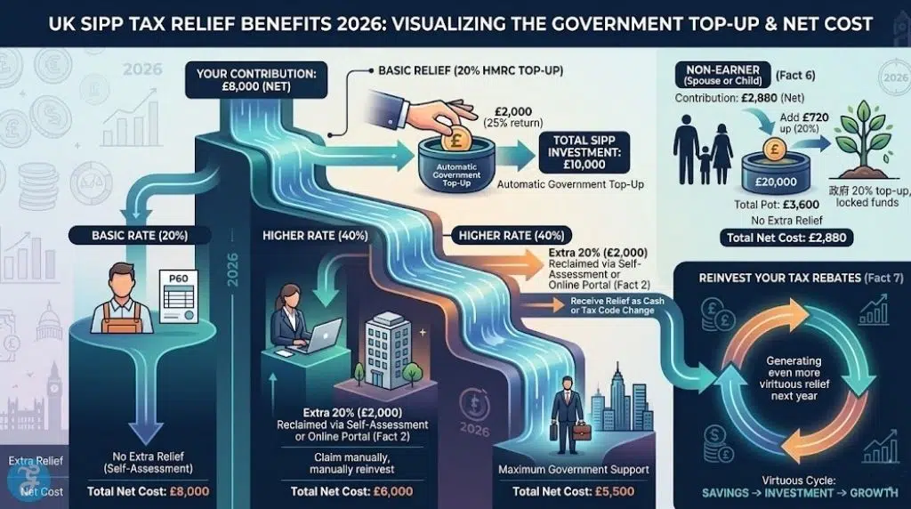 Infographic visualizing the flowing waterfall and virtuous cycle of UK SIPP tax relief for various taxpayer brackets and non-earners in 2026. Shows how different rates affect net cost and total investment, emphasizing the benefits of reinvesting rebates for compounded growth.