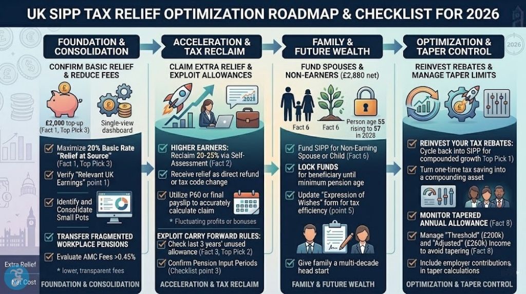 A detailed and professional infographic roadmap and checklist for optimizing UK SIPP tax relief in 2026. It shows distinct stages for basic and higher rates, carry forward, family funding, and reinvesting rebates across a structured progress chart.