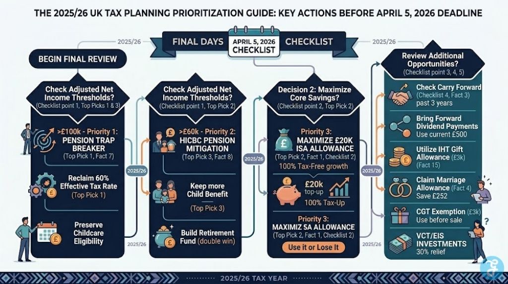 A professional infographic providing a visual decision-making guide and prioritization checklist for 2025/26 UK tax planning, helping taxpayers choose between high-impact actions like pension trap-breaking, ISA maximization, and HICBC mitigation before the 2026 deadline.