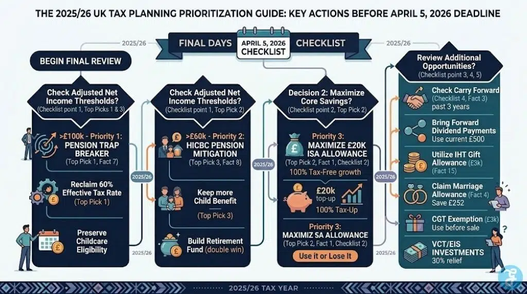 A professional infographic providing a visual decision-making guide and prioritization checklist for 2025/26 UK tax planning, helping taxpayers choose between high-impact actions like pension trap-breaking, ISA maximization, and HICBC mitigation before the 2026 deadline.