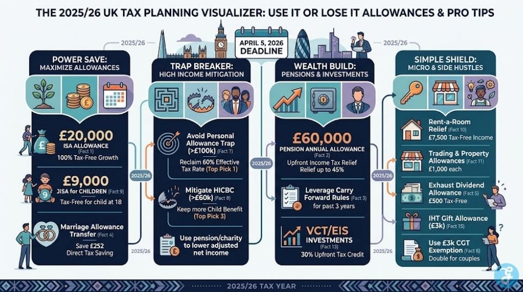 An infographic visualizing the 2025/26 UK tax year, highlighting essential "use it or lose it" allowances and pro tips for ISAs, Pensions, micro-landlords, investors, and families to optimize their fiscal position by the April 5th deadline.