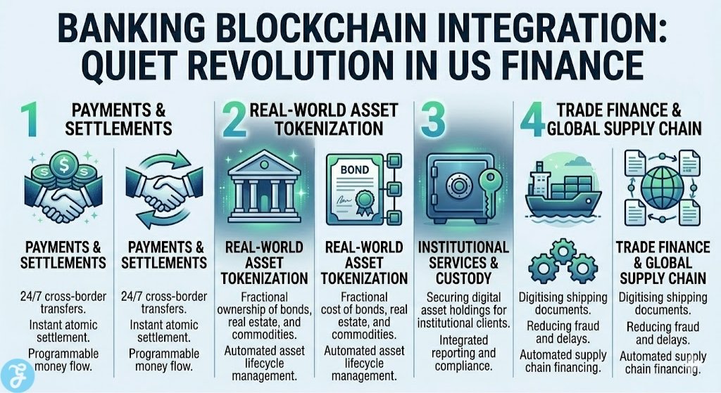 Overview of banking blockchain integration themes in the US including tokenized assets, 24/7 payments, and institutional custody.