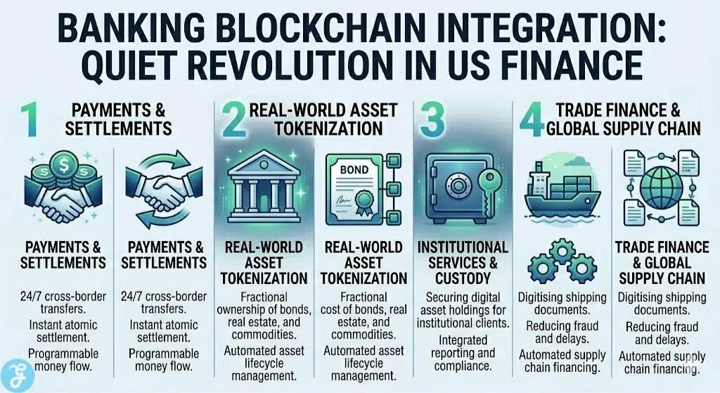 Overview of banking blockchain integration themes in the US including tokenized assets, 24/7 payments, and institutional custody.