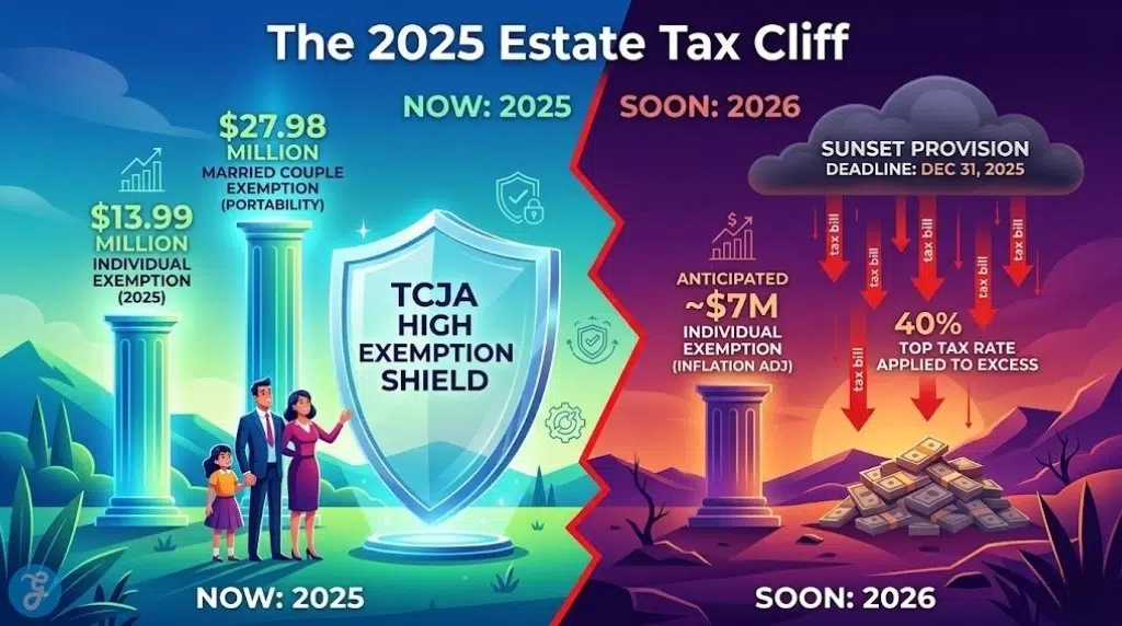 Infographic visualizes high 2025 US estate tax exemption versus significantly lower 2026 anticipated limits post-sunset.