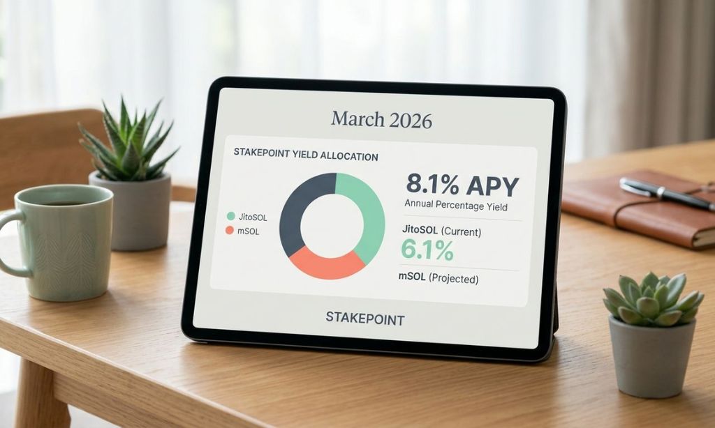 Data showing staking yields for JitoSOL and mSOL in March 2026 from StakePoint