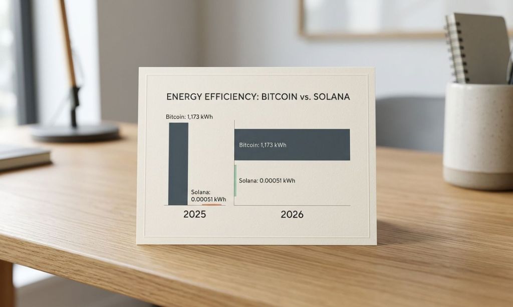 Energy consumption per transaction for Bitcoin and Solana in 2025 and 2026