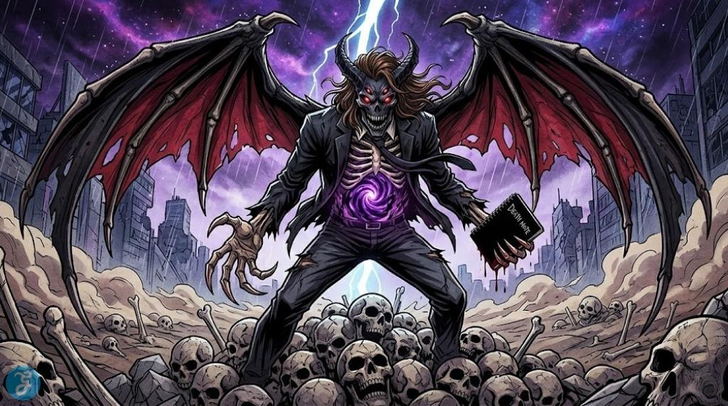 A monstrous transformation of Light Yagami as a skeletal Shinigami with massive leathery wings, standing on a pile of skulls in a desolate landscape under a purple stormy sky.