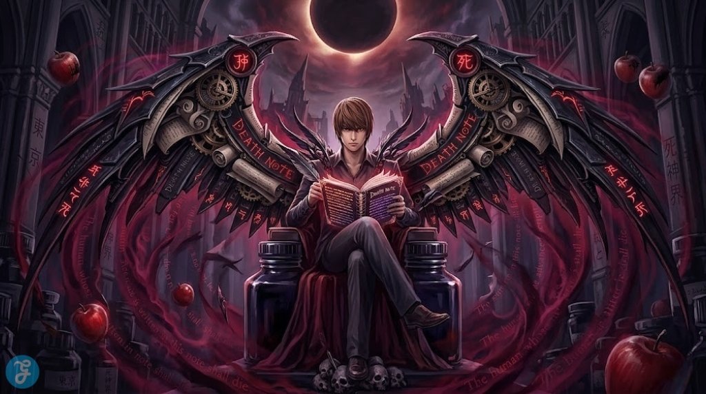 A detailed anime-style illustration of an ascending figure resembling Light Yagami from Death Note, seated on a massive, dark Gothic throne made of stacked inkwells, ancient books, and twisted architecture. He holds an open 'DEATH NOTE' and a pen, with massive, elaborate, dark wings made of integrated mechanical components, scrolls, and text-based rule callouts like 'The human whose name is written in this note shall die.' and 'A Shinigami must be written in this note...'. He wears a dark suit with a red tie, surrounded by red apples and countless other books, under an ominous, dark, eclipse-like sky over a broken, ruined cityscape. Subtle red glowing text, including 死神 (Shinigami) and 東京 (Tokyo), is etched into the throne.