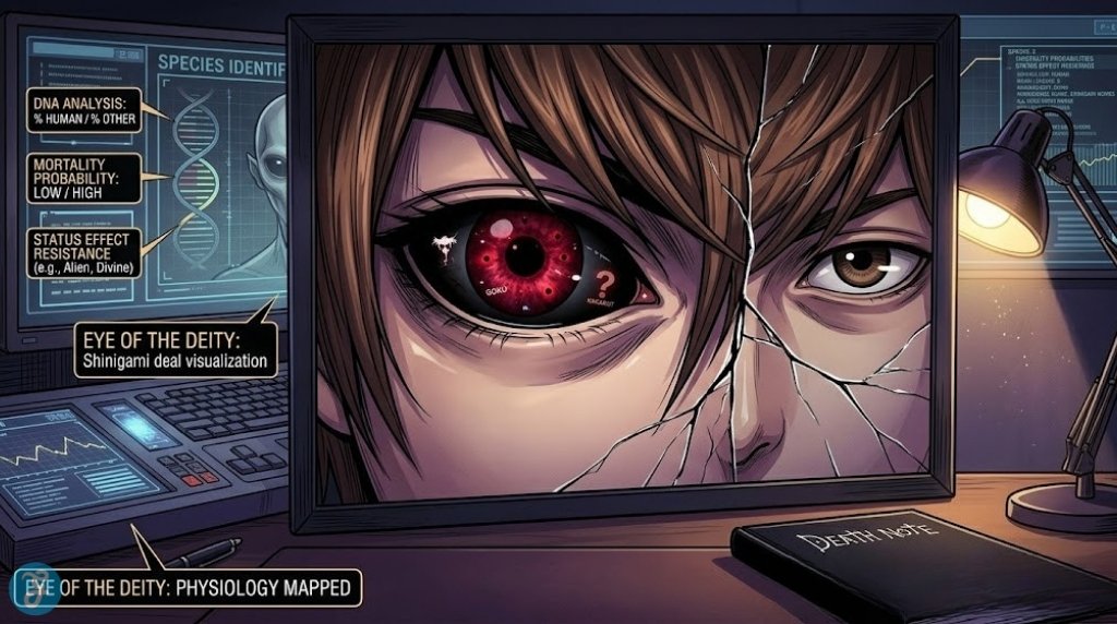 An extreme close-up of Light Yagami’s face in a cracked mirror, showing one eye transformed into a crimson Shinigami eye with multiple pupils and glowing symbols.