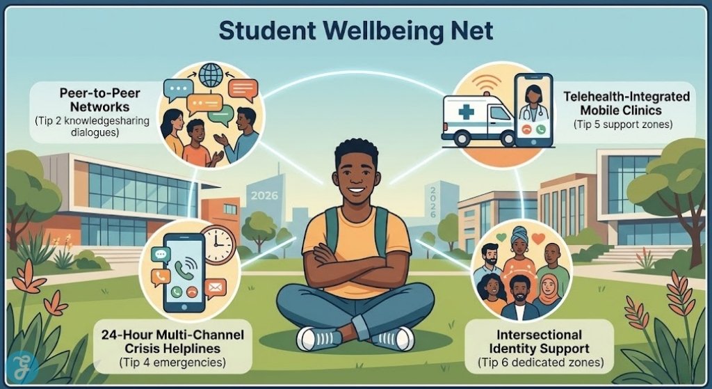 Conceptual visual of the interconnected multi-channel peer support net for South African university students in 2026, showing peers, helplines, mobile units, and soft skills training.