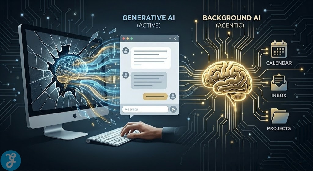 Infographic visually representing the progression of AI from active generative chat interfaces to an invisible background intelligence layer.