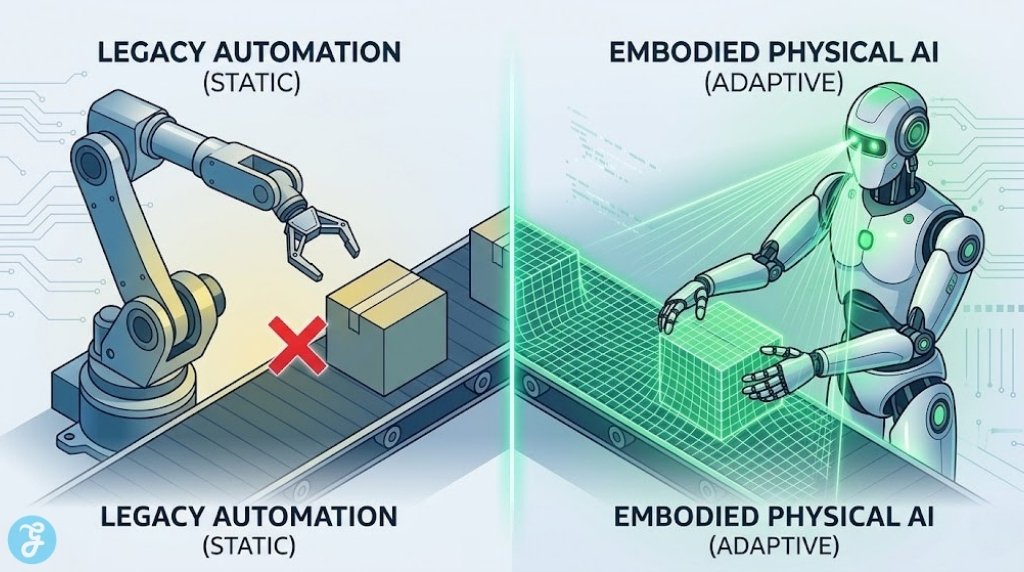 Professional infographic comparison visualization showing a legacy robotic arm failing to grasp an misplaced object, while adjacent, an embodied AI system uses a real-time grid mesh to successfully adjust its reach.