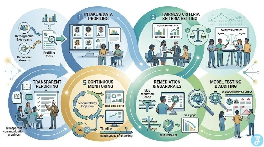 A clean vector diagram and illustration visualizing the continuous six-step lifecycle of a corporate AI bias mitigation audit in 2026.