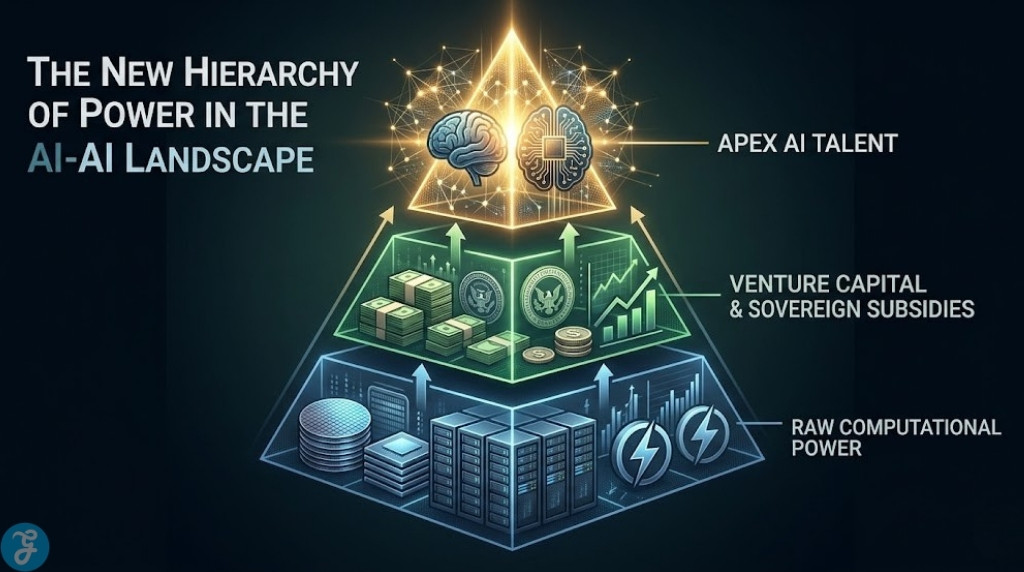 Infographic showing a three-tier ascending hierarchy of AI power, with Raw Computational Power and Venture Capital supporting the dominant apex layer of Apex AI Talent