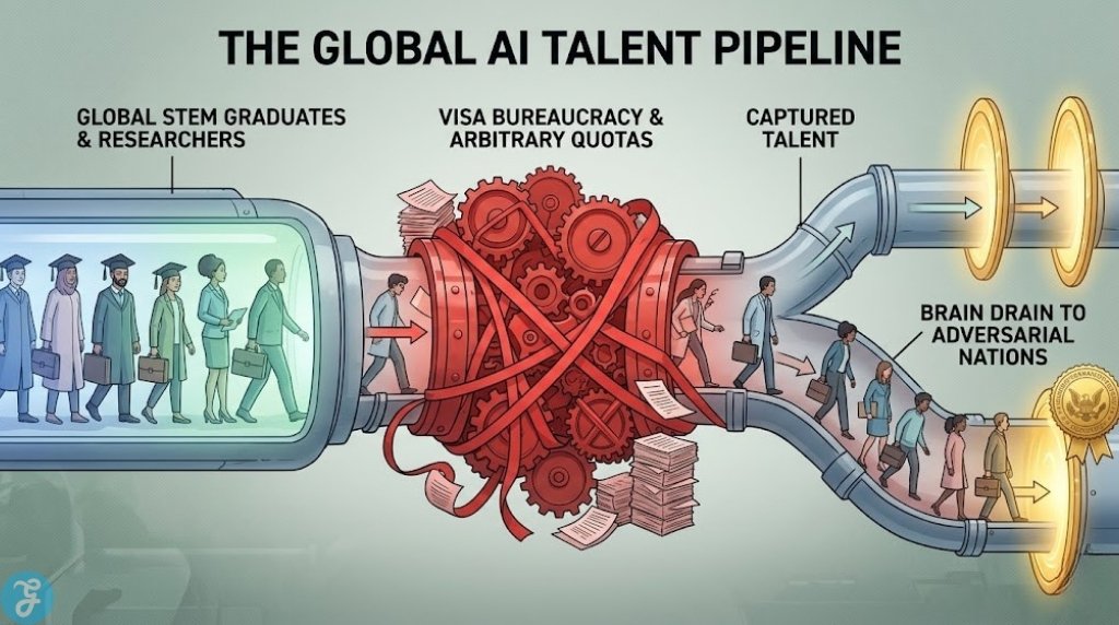 Infographic visualization of the global AI talent pipeline, showing a narrow central constriction labeled Visa Bureaucracy re-routing talent towards Adversarial Nations.