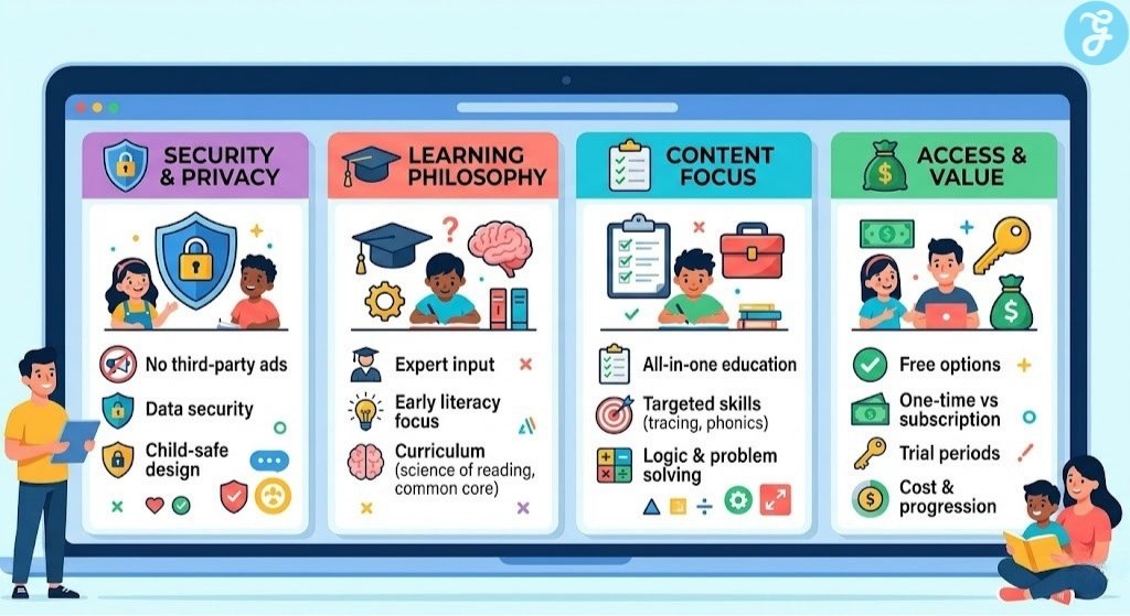 Kid-friendly digital decision framework for choosing educational alphabet games, highlighting safety and learning approaches.