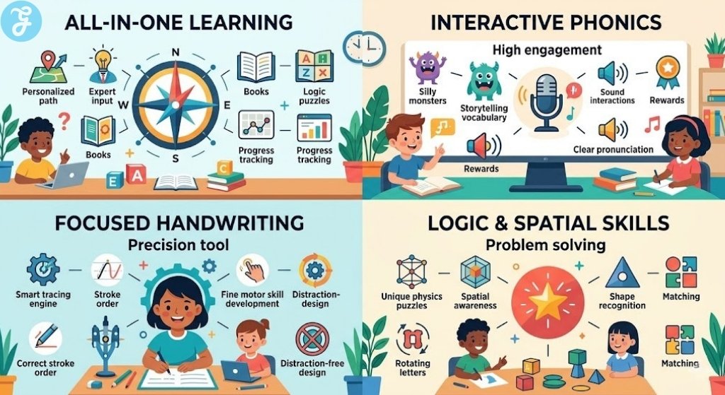 Kid-friendly digital infographic comparing educational benefits of alphabet games, showing comprehensive and skills-focused approaches.