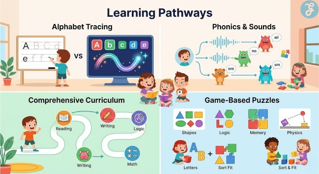 Kid-friendly digital infographic for alphabet learning pathways, showing tracing, phonics, and curriculum.