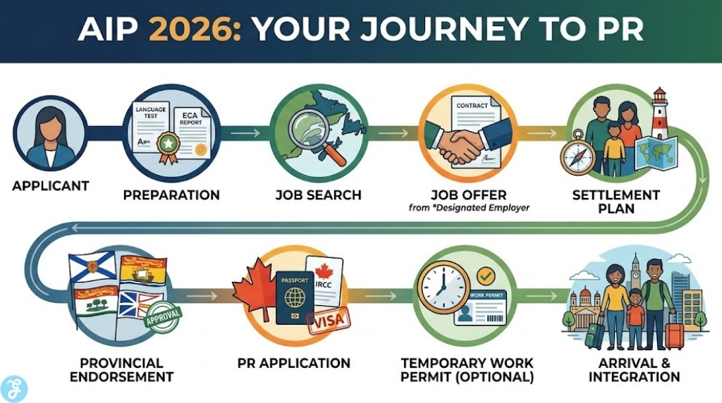 Infographic illustrating the step-by-step application process for the Atlantic Immigration Program (AIP) in 2026, from job search and settlement plan to provincial endorsement and permanent residency.