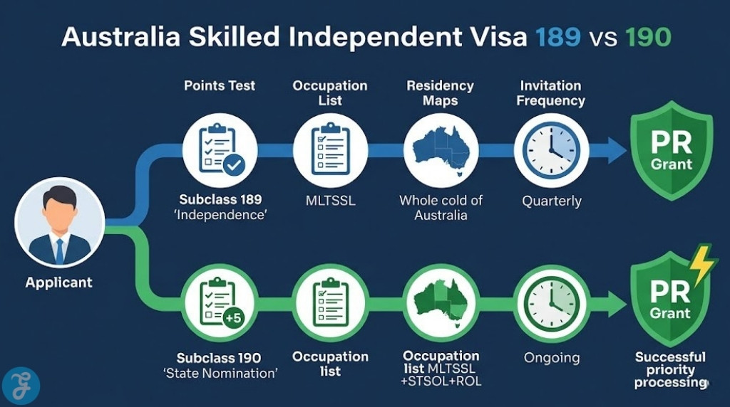 Infographic showing the strategic 5-point advantage of the Australia Subclass 190 visa. In a metaphorical race, diverse applicants with point flags (85, 90, 95) face a high 95+ point wall (the invitation finish line). A clean isometric bridge labeled '190 Nomination +5 Points' connects some applicants over the wall to their invitation, illustrating how the nomination bonus overcomes the high cut-offs.