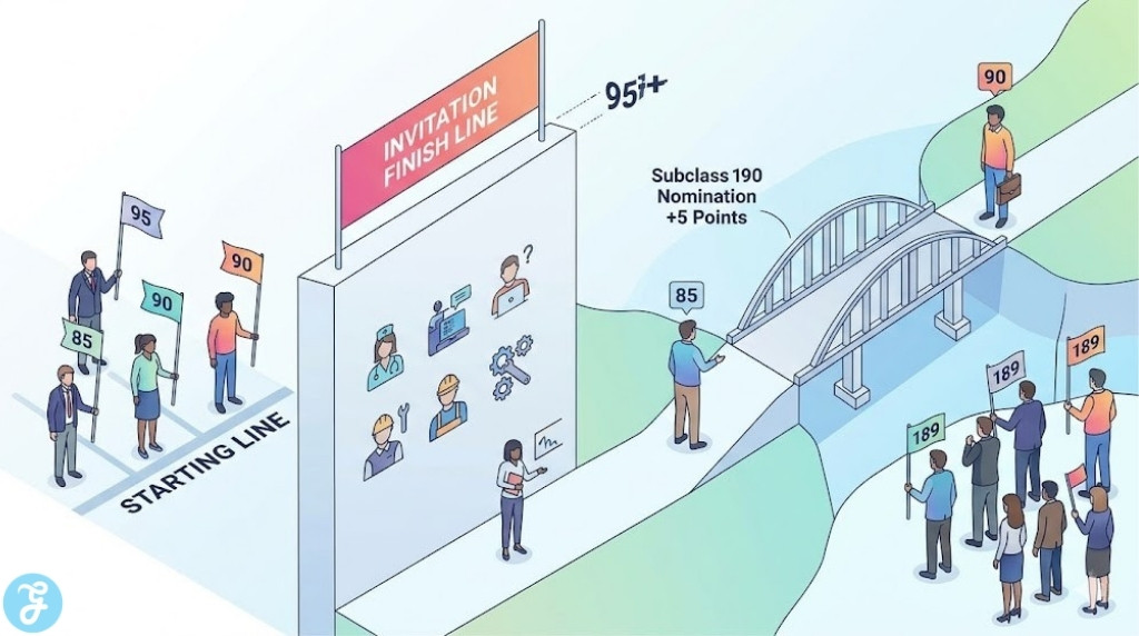 Infographic showing the strategic 5-point advantage of the Australia Subclass 190 visa. In a metaphorical race, diverse applicants with point flags (85, 90, 95) face a high 95+ point wall (the invitation finish line). A clean isometric bridge labeled '190 Nomination +5 Points' connects some applicants over the wall to their invitation, illustrating how the nomination bonus overcomes the high cut-offs.