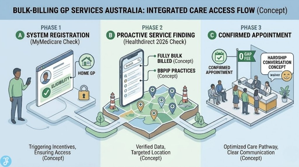 Professional semi-flat vector visualization illustrating the digital transformation of finding bulk-billed care in Australia in 2026. A non-cluttered conceptual flow shows steps from individual empowerment to appointment: System Registration Check (Incentive Eligibility), Proactive Healthdirect Filtering (Verified Data), and Confirmed Appointment (Optimized Pathway & Hardship Conversation Concepts). It uses minimal arrows and a clean layout, visually distinct from lists.