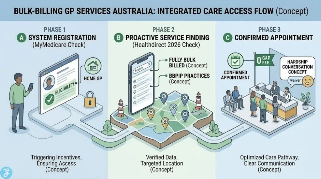 Professional semi-flat vector visualization illustrating the digital transformation of finding bulk-billed care in Australia in 2026. A non-cluttered conceptual flow shows steps from individual empowerment to appointment: System Registration Check (Incentive Eligibility), Proactive Healthdirect Filtering (Verified Data), and Confirmed Appointment (Optimized Pathway & Hardship Conversation Concepts). It uses minimal arrows and a clean layout, visually distinct from lists.