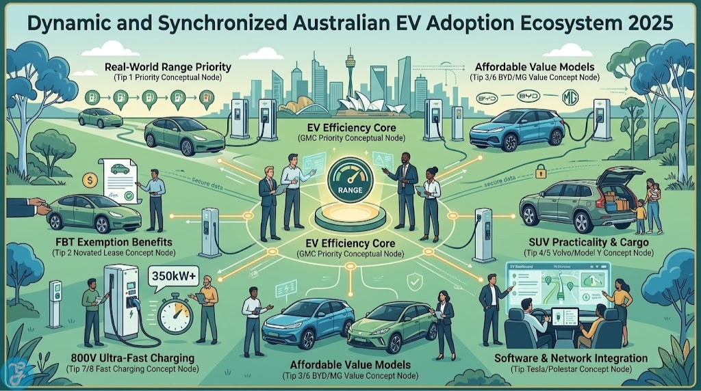 Conceptual visualization of the synchronized 2025 Australian EV Adoption Ecosystem, synthesizing real-world range, FBT savings, and 800V charging.