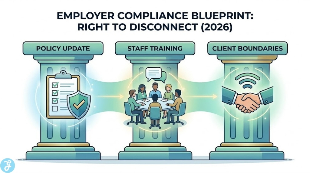 A 3-pillar infographic strategy guide for Australian employers implementing Right to Disconnect compliance in 2026.