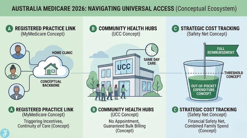 Professional vector infographic visualizing the connected ecosystem for accessing bulk-billed GP services in Australia in 2026. A schematic shows linked conceptual pillars: MyMedicare Practice Registration (Continuity), Community Urgent Care Clinics (Walk-in), and Strategic Safety Net Tracking (Financial Safety Net). It uses clean modern art and soft colors, visually distinct from text lists.