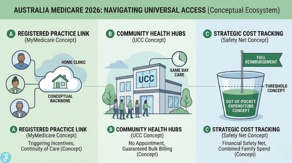 Professional vector infographic visualizing the connected ecosystem for accessing bulk-billed GP services in Australia in 2026. A schematic shows linked conceptual pillars: MyMedicare Practice Registration (Continuity), Community Urgent Care Clinics (Walk-in), and Strategic Safety Net Tracking (Financial Safety Net). It uses clean modern art and soft colors, visually distinct from text lists.