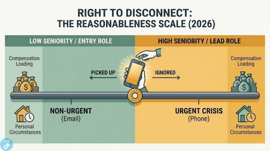 Infographic scale showing how seniority, urgency, pay, and personal circumstances affect the Right to Disconnect under 2026 Australian labor law.